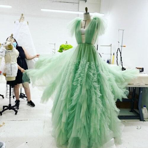 New Designer Mint Green Tulle Dresses V Neck Sleveless Ruffles Puffy Tulle Gowns Custom Made Plus Size Pleated