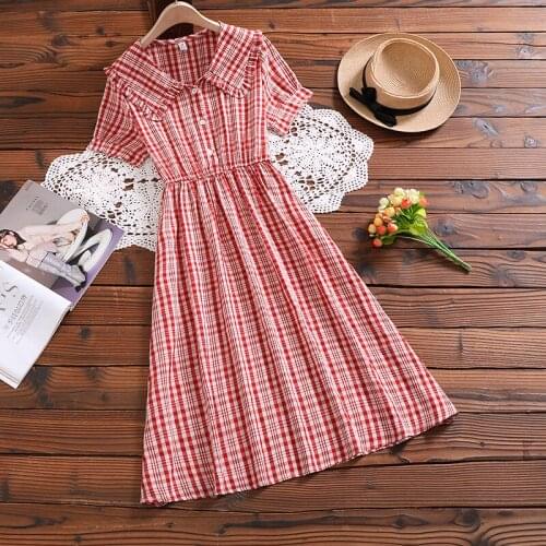 New fashion cute sweet plaid dress japan style short sleeve mori girl casual vestidos