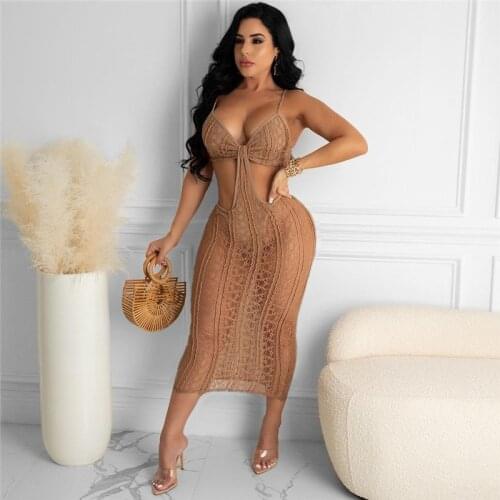Sexy Summer Women Suspender Sundress Swimsuits Backless Lace Hollow Perspective Bodycon Dress Bathing Bikinis Beach Cover Ups