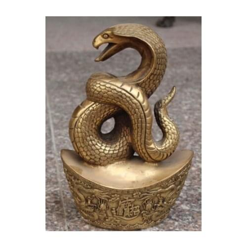 RHS0172 9" Marked Chinese Bronze Wealth Yuanbao Snake Animal Dragon 5 Lu Mammon Statue