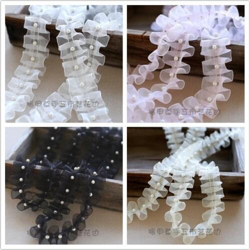 4CM Wide Luxury Pink Pleated Lace Dress Collar Ribbon Organza Ruffle Pearl Trim Curtains Skirts Hem Splice Sewing Beads Decor