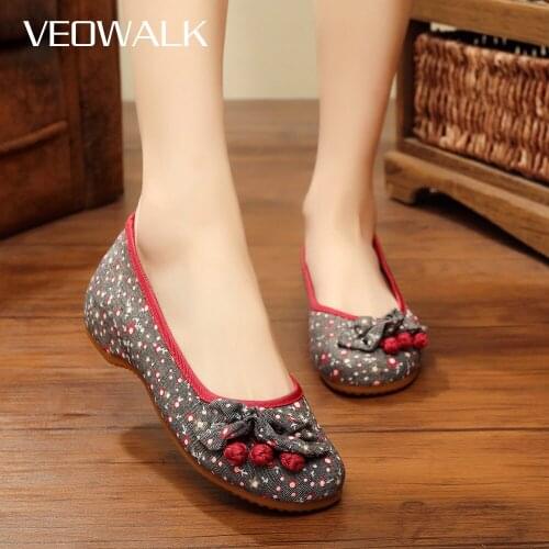 Veowalk Handmade Polka Dot Printed Women Cotton Fabric Flower knot Slip on Ballet Flats Vintage Breathable Shoes Sapato Feminino