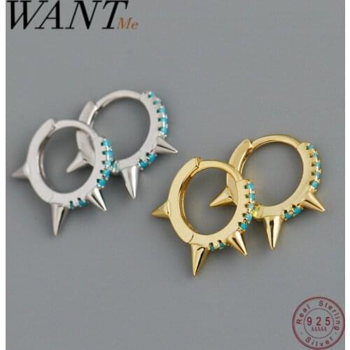 WANTME Fashion Korean Blue Zircon Spiket Rivets Stud Earrings for Women Genuine 925 Sterling Silver Punk Unisex Bohemian Jewelry