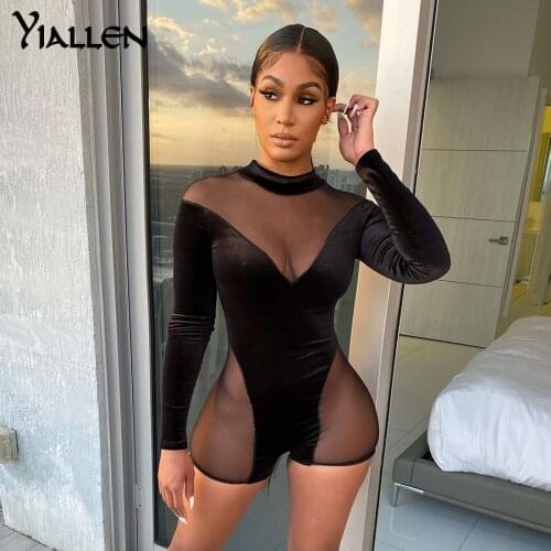 Yiallen Autumn Sexy Mesh Patchwork Black Slim Playsuits Women Long Sleeve Turtleneck Zipper Clothes Lady Solid Rompers 2021 New