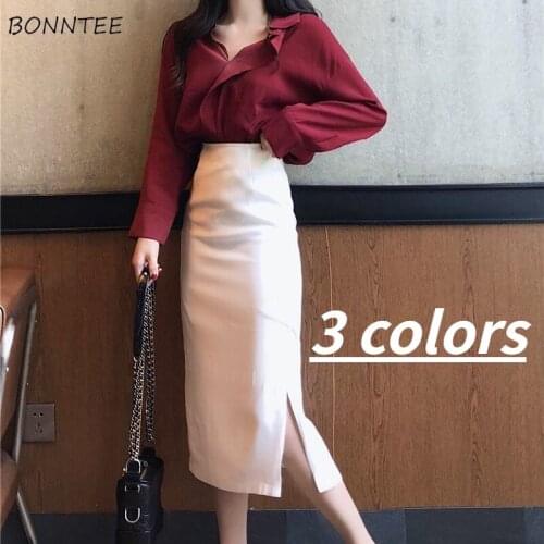 Skirts Women Temperament Slim Korean Style Solid Classy Office Lady All-match Elegant Empire Side Slit Design College Daily Chic