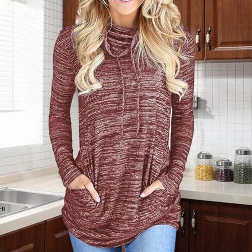 Women Long Sleeve Blouse Piled Collar Pockets Drawstring Soft Casual Women Running Hoodie for Party Autumn Winter Pullover Tops