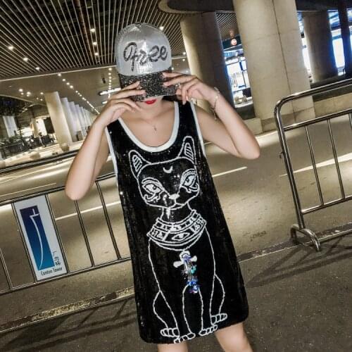New Women Cartoon Sequined Vest Dress Loose Black T-shirt Tops Summer Sexy Sleeveless Tank Long Tees Oversized T-shirts Sundress