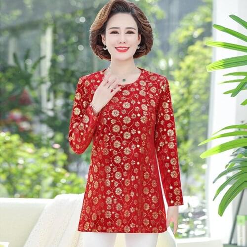 Spring Autumn Women Clothing 2021 New Casual Loose Female Pullover Long Sleeve Tops Mother T-Shirts Flower Bottom Shirt