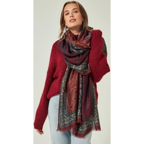 Women Burgundy Shawl Patterned Shawl 2021 Women Clothing Accessories Fashion