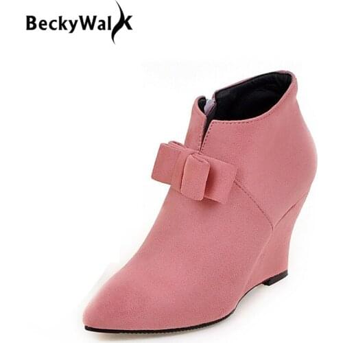 New Candy Color Wedges Boots Women High Heels Ankle Boots Bowknot Pointed Toe Autumn & Winter Plus Size Shoes Woman 34-4 WSH2499