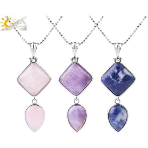 CSJA Women Trendy Natural Quartz Water Drop Pendants Necklace Square Healing Stones Geometric Fashion Jewelry Men Necklaces F815