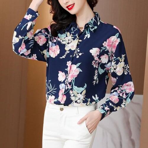 Women Chiffon Summer Shirts Polo-Neck Print Korean Style Casual Elegant Long Sleeve Blouses Stylish Mujer Tops Blusas MM0571
