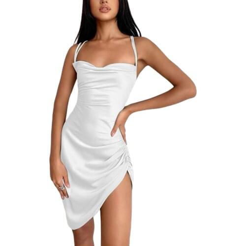 Womens Sexy Spaghetti Strap Tube Top Sleeveless Sling Dress Satin Lace-up Cross Halter Mini Skirt Irregular Sling Nightdress /F