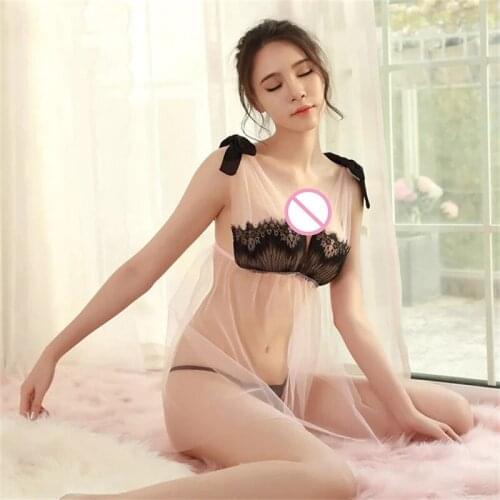 2018 Slips Hot Women Pink Sexy Deep V Intimates Underwear Bow Transparent Lace Full Slips