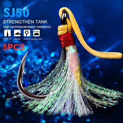 5pcs/lot Gold and Black 2 Colors Stainless Steel Fishing Hooks Saltwater Fishing Hooks with Pink Feather 1/0-11/0 JIGGING HOOKS