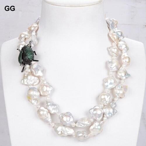 GuaiGuai Jewelry 2Strands Freshwater White Flower Keshi Pearl Necklace CZ Pave Beetle Pendant 19"