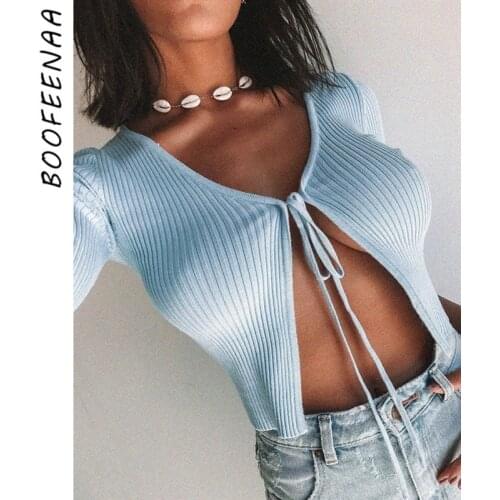 BOOFEENAA Tie Front V Neck Long Sleeve Crop Top T Shirt Women Clothes Spring 2020 Ribbed Knitted Sexy Tshirts Blue White C76-I45