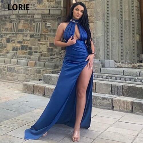 LORIE Halter Crystals Mermaid Evening Dresses Sexy Boobs Formal Prom Party Gowns Side Split Vintage Elegant Vestidos De Festa