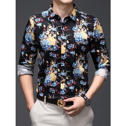 High Quality Yellow Blue Flower Shirt Men Slim Fit 2020 Autumn Long Sleeve Men Shirt Top Camisa Hombre Chemise Floral Shirts Men