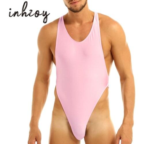 Mens Pink Backless High Cut Thong Bodysuit Vest Sexy Leotard Jumpsuit Underwear