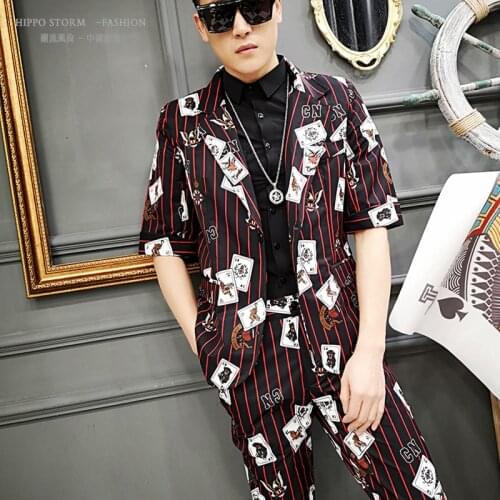 Men 2pcs (jacket+pant) Fashion Print Blazer Jacket Suit Coat Men Slim Fit Suits Sets Stage Show Singer Dj Costumes Costume Homme