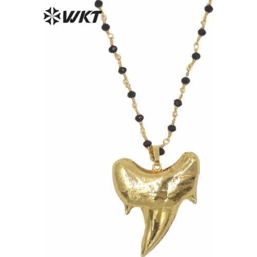 WT-N227 Wholesale Custom Natural gold electroplated raw shark tooth necklace with black rosary beads pendant