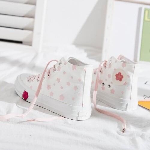 College style cherry blossom canvas shoes female Japanese cute all-match climax shoes Korean students graffiti white shoes