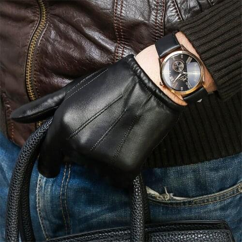 Mens Genuine Leather Gloves Male Short Style Autumn Winter Keep Warm Fashion Black Sheepskin Driving Gloves WF1912