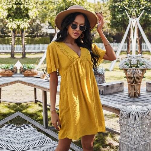 Spring Summer Sexy V Neck Solid Dress Women Casual High Waist Jacquard Short Sleeve Dress For Women New Fashion Loose