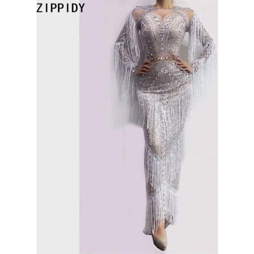 Silver Rhinestone Fringe Spandex Dress Women Dance Show Wear Prom Birthday Celebrate Party Outfit Stage Long Dress