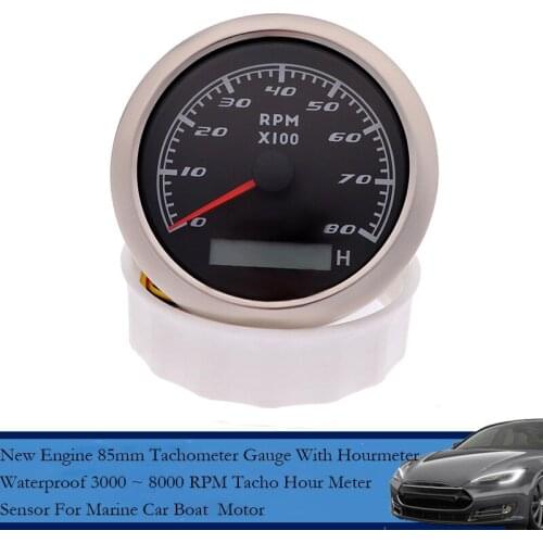 New Engine 85mm Tachometer Gauge With Hourmeter Waterproof 3000 ~ 8000 RPM Tacho Hour Meter Sensor For Marine Car Boat Motor