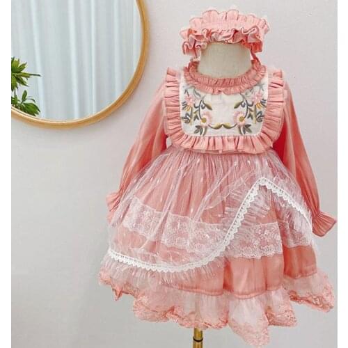 Baby girl vintage Spanish lolita embroidered princess dress kids casual pink lace stitching ball gown dress