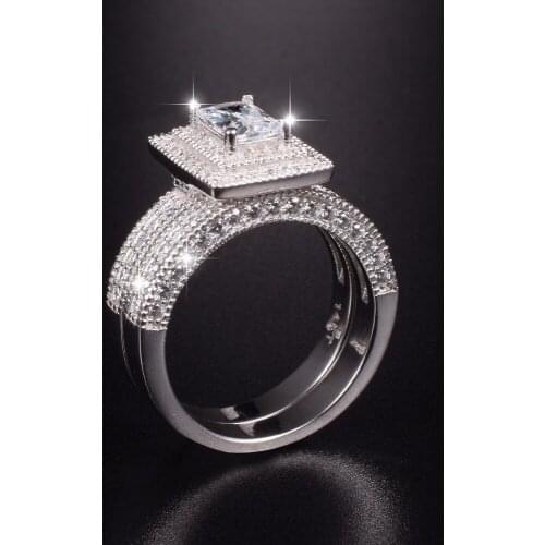 Vintage Stamp 10KT gold Plated Square Shape Princess Cut Simulated Diamond for Women CZ Stone Wedding Cocktail Ring Set SZ 5-10