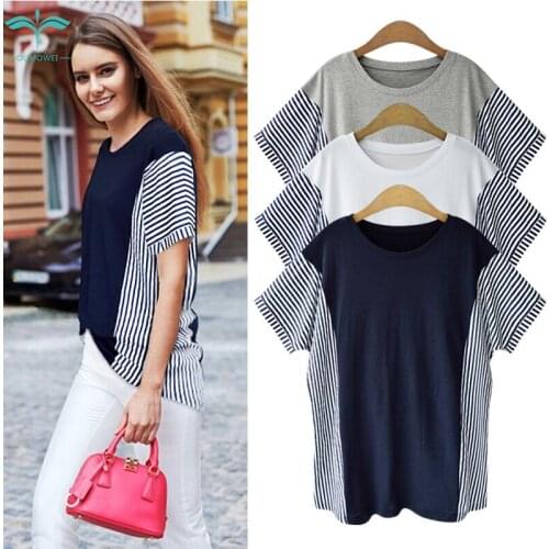OUMOWEI Women T-Shirt Striped & Solid Color Stitching Short Sleeve T-Shirt Big Size Summer Tops For Women O-Neck Cotton Shirt