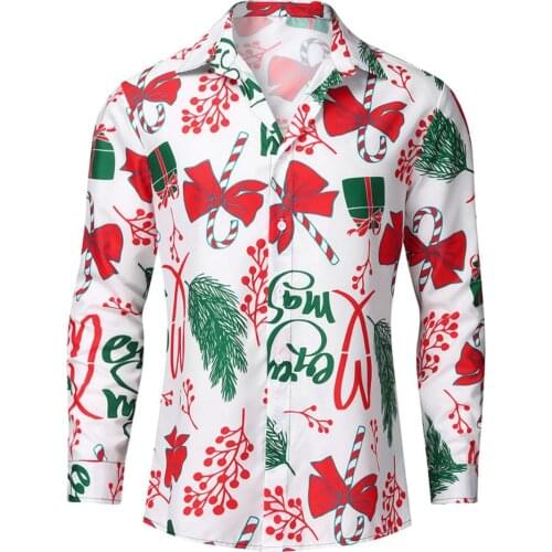 Men Christmas Shirt Cute Santa Print Slim Fit Long Sleeve Camisa Male Xmas Clothes Casual Loose Festival Christmas Clothings