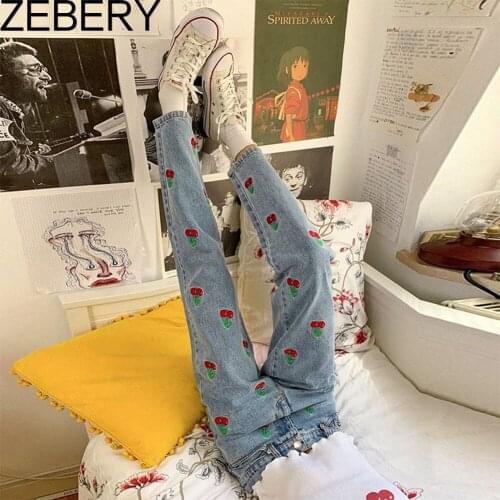 ZEBERY Cherry Embroidery Blue Denim Pants Women Casual Sweat High Waist Jeans Long Trousers Ladies Skinny Pocket Joggers