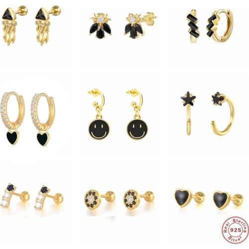 Pendientes plata 925 Black Crystal Piercing Aretes Stud Earring For Men Women Love Heart Bee Zircon Earrings S925 Silver Jewerly