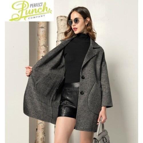 Women Plaid Real Coat Korean Houndstooth Wool Jacket Long Elegant Ladies Coats Andjackets Abrigo Mujer 2021 F107 KJ4171