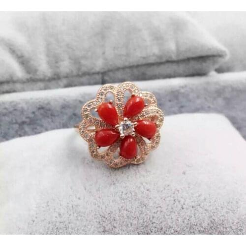 Natural red coral gem Ring Natural gemstone ring 925 sterling silver trendy Elegant round Flowers women wedding gift Jewelry