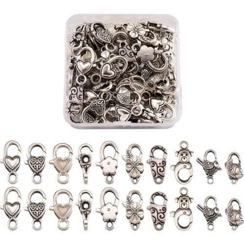 25~80pcs/box Antique Silver Color Alloy Lobster Claw Clasps Mix Shapes for jewelry making DIY Bracelet Keychain Hook Accessories
