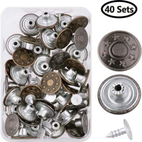40 Sets Jeans Buttons Vintage Tack Metal Snap Button DIY Decorative Stars Buttons for Clothing Portable Repair Kit+Storage Box