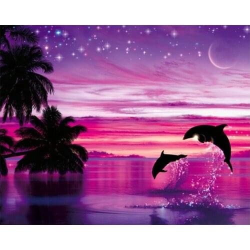 5D Diy Diamond Painting Dolphin Daimond Mosaic Painting Red Landscape Pictures Of Rhinestones Animal Diamant Embroidery Scenery