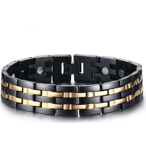 Black with Gold stainless steel Magnetic Therapy health care Link Chain Hologram Bracelet Mens Fashion Gifts 15mm 8.86