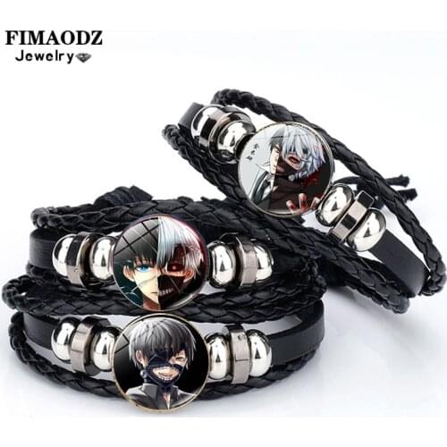FIMAODZ Punk Anime Tokyo Ghoul Bracelet Glass Cabochon Handwoven Black Bangles Bracelets For Men Women Gift Jewelry