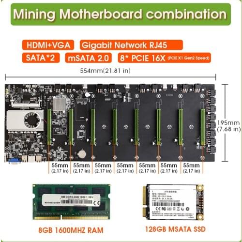 BTC-D37 8 GPU Bitcoin Cryptography Ethereum Mining Motherboard with 1037U 128GB MSATA SSD and 8GB DDR3 1600MHz RAM