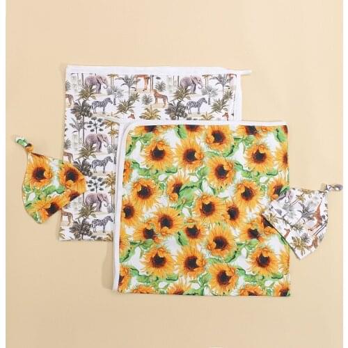Cute Newborn Baby Boy Girl Sunflower Cartoon Print Soft Cotton Square Blanket Hat Sleepwear Infant Bathing Swadding Towel