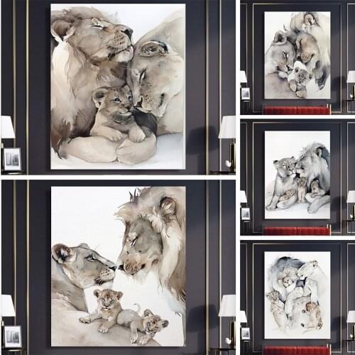Modular Canvas Home Decor Happy Lion Family Prints Painting Cartoon Poster Modern Wall Art Pictures for Living Room No Frame