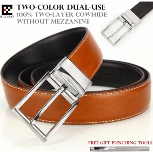 33mm Top Men Genuine Leather Waistband,100% Two-layer Cowhide Pin Hole Belt 2-color Dual-use Pin Buckle Belt+Punch Tool+Gift Box