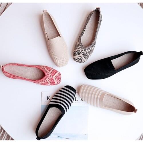 Summer New Womens Shoes Breathable Soft Bottom Camouflage knit flat Shoes Square head Shallow Mouth flat Ballerina Casual Shoes