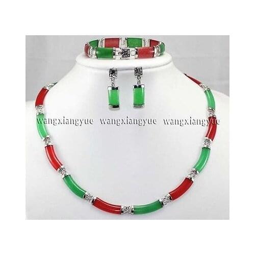 New Style Hot sale********v Charming Red & Green jade Link Necklace Bracelet earrings Set Fashion Wedding Party Jewellery